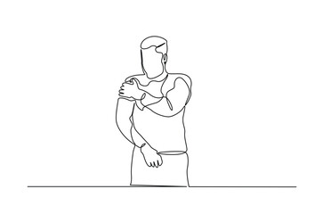 Dislocation of the shoulder in continuous one line drawing. Single line art illustration of Man suffering from pain in shoulder. Editable vector.