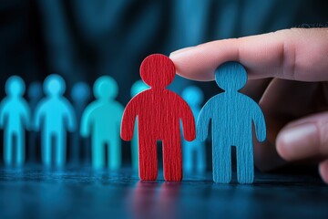 Recruitment and Choice: A symbolic image showing hand selecting between wooden figures representing team members, highlighting recruitment, selection.