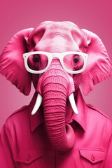 Pink elephant with glasses in vibrant attire