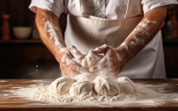 Baker kneading dough in a rustic kitchen.