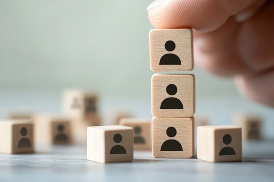 Building Blocks of Community: A hand carefully stacks wooden blocks bearing the symbol of a person, illustrating unity and community. Symbolizing people and the power of human connection.