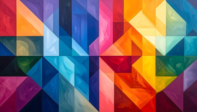 An abstract painting featuring a dynamic quilt of geometric shapes, triangles, and polygons. The design uses vibrant, blended colors and gradient transitions across a wide spectrum