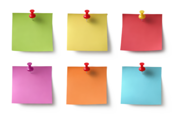 colorful blank sticky notes with shadow and red push pin isolated on white or transparent png