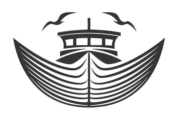 Monochromatic emblem displays stylized ship beneath two soaring seagulls against a white canvas