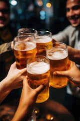 Group of friends toasting with beer glasses.