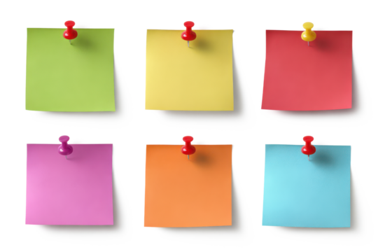 colorful blank sticky notes with shadow and red push pin isolated on white or transparent png