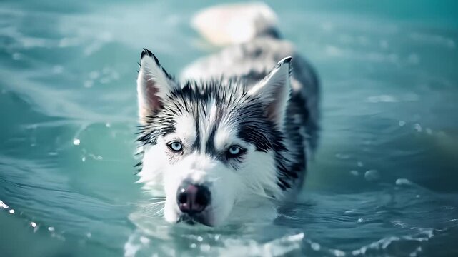 A closeup of a husky dog swimming in water. The dogs fur is predominantly white with black and gray markings, and its eyes are a striking shade of blue.