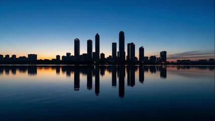 City skyline silhouette at dusk. Modern skyscrapers reflected in calm water. Urban architecture background with copy space - Powered by Adobe