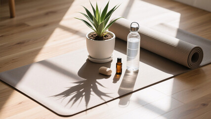 Minimalist wellness flat-lay with yoga mat, essential oils, and plant under gentle morning light, highlighting air purification, mindful habits, and lung health.
