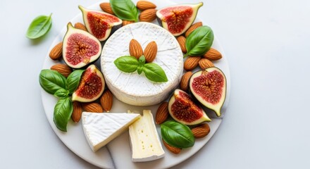 Cheese and Fig Delight: A culinary masterpiece unfolds, showcasing a wheel of creamy cheese, complemented by sweet fig slices, crunchy almonds, and fresh basil leaves, arranged on a rustic platter.