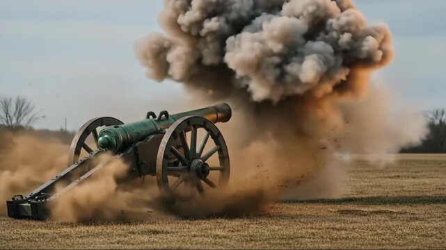 Slow motion of a historical cannon firing on a battlefield. A dramatic and powerful explosion with fire and smoke. Antique weapon and warfare concept