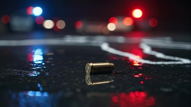 A bullet casing at a crime scene on a wet street at night. Flashing police lights and a chalk body outline in the background. Forensic evidence in a criminal investigation