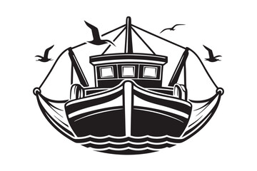 Monochrome fishing boat sailing through waters with birds flying around the net forms a perfect seal