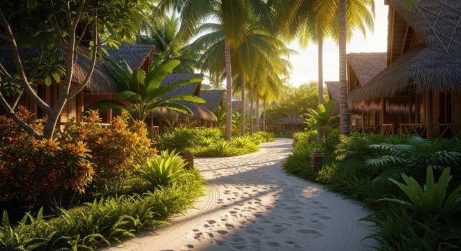 Paradise Pathway: A sun-drenched pathway, embraced by lush vegetation and swaying palm trees, guides towards inviting tropical dwellings, promising tranquility.