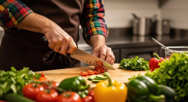 Chef Preparing Fresh Vegetables: In a modern kitchen setting, a chef expertly slices fresh, colorful vegetables on a wooden cutting board, the focus on healthy eating and culinary expertise.