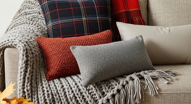 Cozy Comfort: An inviting sofa adorned with an array of plush pillows and a warm blanket, creating a sanctuary of relaxation and contentment.