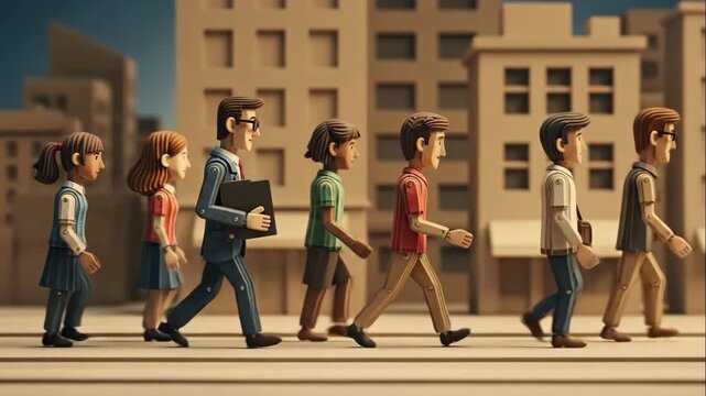 Stylized animated figures walking in a continuous line through a city. A diverse group of people commuting in unison. Conformity and the daily routine concept