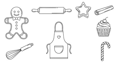 Christmas Baking Tools Line Art Vector Set – Holiday Kitchen Elements