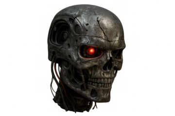 Metallic cyborg head featuring a menacing red glowing eye against a transparent background, symbolizing technology and danger