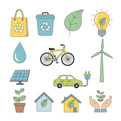 A collection of colorful icons representing ecology, sustainability, and green energy concepts.
