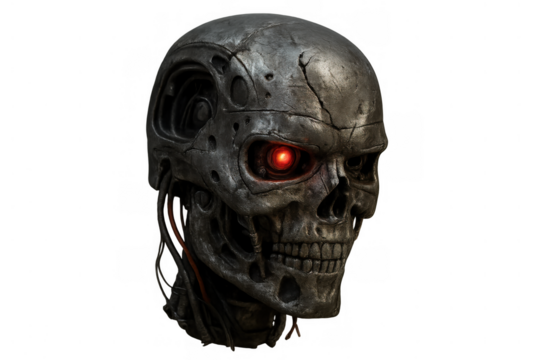 Metallic cyborg head featuring a menacing red glowing eye against a transparent background, symbolizing technology and danger