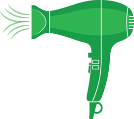 Green hairdryer icon illustration blowing hot air for styling hair, personal grooming, beauty salons, professional barbershops, and daily self-care.
