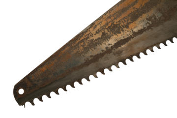 Close up of a rusty old saw blade isolated on transparent background