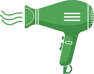 Green modern flat design hair dryer icon emitting hot air, professional salon styling tool, home grooming appliance, electric beauty accessory