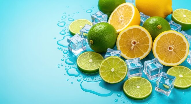 Zesty Citrus Bliss: A vibrant arrangement of fresh lemons, limes, and ice cubes, creating a refreshing sensory experience against a cool blue backdrop.