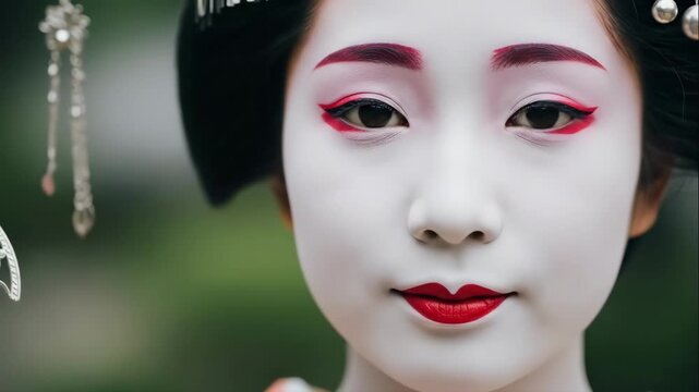 Close-up portrait of a Japanese geisha with traditional white makeup. A beautiful woman with red lips and ornate kanzashi hair ornaments. Japanese culture and tradition concept