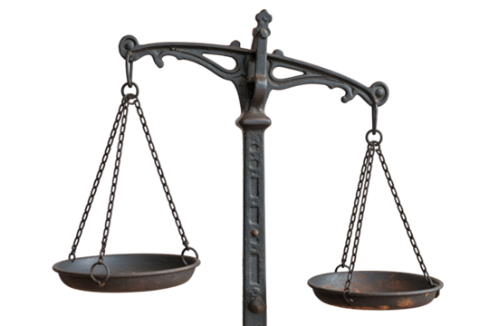 Antique justice scales symbol of law and balance isolated on transparent background