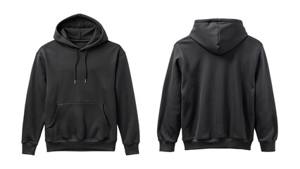 Front and back view of a plain black hooded sweatshirt