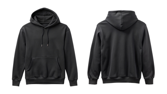 Front and back view of a plain black hooded sweatshirt