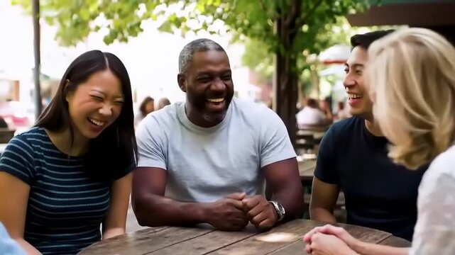 Diverse Group of Friends Laughing and Enjoying Each Others Company at an Outdoor Cafe.