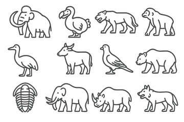 Naklejka premium Ancient Creatures Icons. Line style icons of ancient creatures: mammoth, dodo, saber-tooth cat, giant sloth; moa, aurochs,