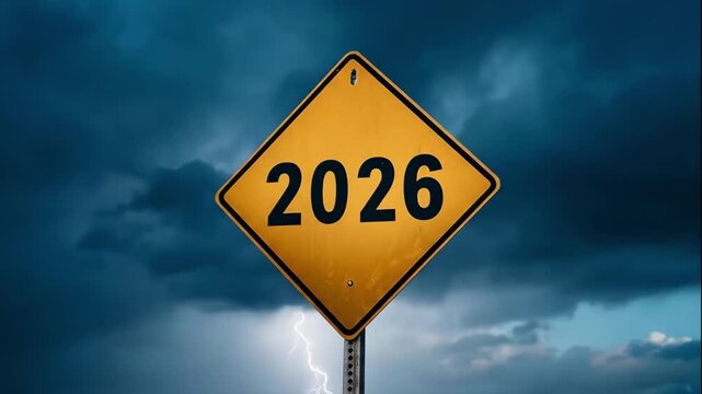 A 2026 year road sign against a dark stormy sky with lightning. Warning of an impending crisis and a challenging future. Forecasting and uncertainty concept