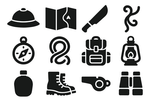 Jungle Exploration Icons. Solid style icons of jungle exploration: pith helmet, map, machete, vine, compass, rope, backpack,