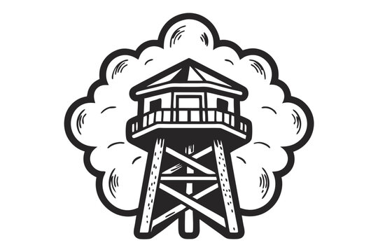 monochrome lookout tower with cloud outline offers vintage style observation point emblem
