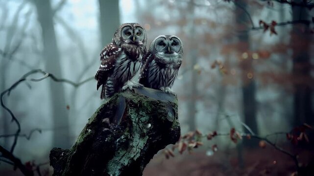 owls in misty forest with bokeh effectowls on mosscovered tree stumpowls with detailed feather patterns and large.