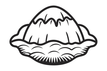 Monochrome volcano illustration shows thick, wavy cloud line on its slopes and base