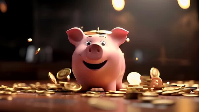 Money saving deposit financial planning concept. A 3D rendered, animated piggy bank with a cheerful expression, surrounded by floating golden coins and coins on a wooden surface.