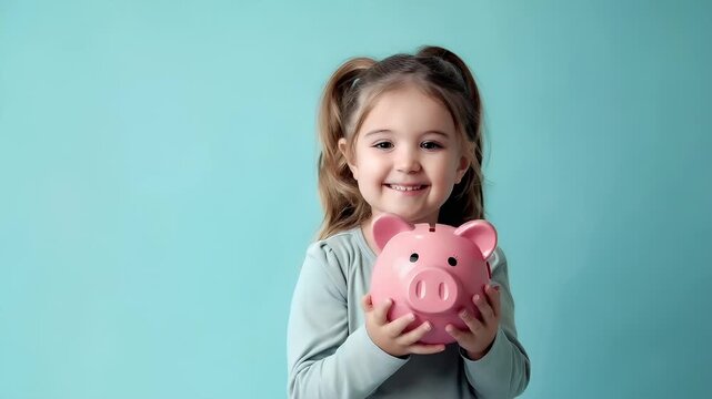 Money saving deposit financial planning concept. A young girl with piggy bank against a turquoise background.