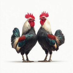 Two vibrant roosters standing face-to-face, displaying their colorful feathers and prominent red combs against a white background.