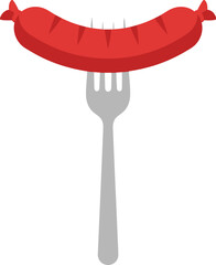 Sausage impaled on a metal fork, a simple flat design illustration symbolizing quick meal preparation, barbecue, or fast food items for various graphic applications.