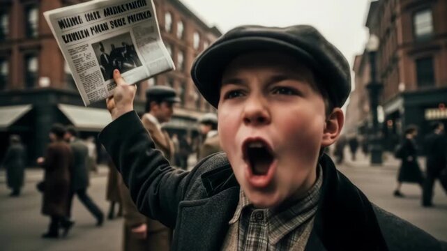 A vintage newsboy shouting and selling newspapers on a city street. Close-up of a historical paperboy yelling out the headlines. Early 20th century communication concept