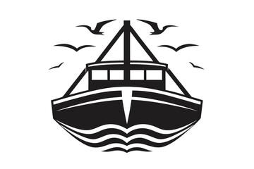 Seagulls fly above a detailed silhouette boat floating on water waves, presented in black and white