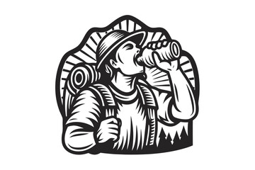 Monochrome hiker with hat drinks from bottle with backpack against sunburst and forest