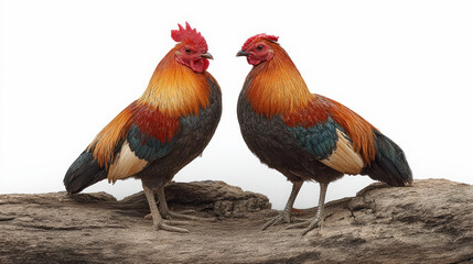 Two colorful roosters facing each other on a log against a plain background, possibly in a standoff or interaction.
