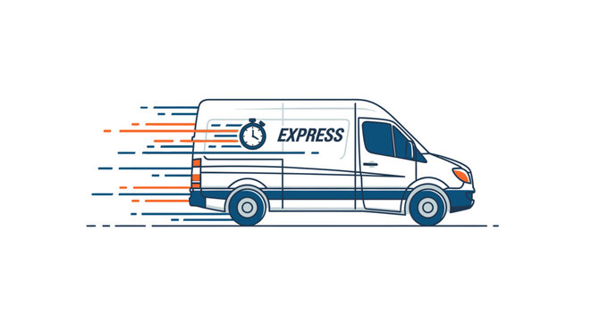 A white express delivery van speeding with motion lines, symbolizing fast and efficient shipping service.