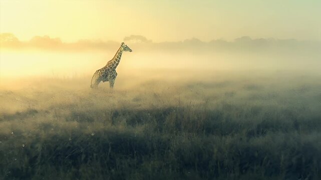 A giraffe standing in a misty field during what appears to be either dawn or dusk. The giraffe is the main subject, with its long neck and spotted pattern clearly visible.